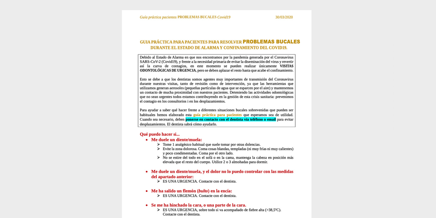 Guia pràctica per a pacients amb problemes bucals durant el confinament pel COVID-19