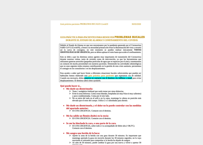 Guia pràctica per a pacients amb problemes bucals durant el confinament pel COVID-19